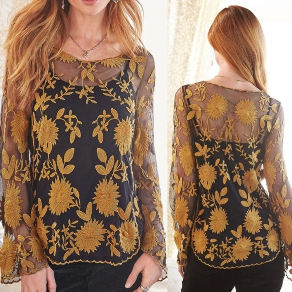 Sundance Goldenrod Floral Embroidered Sheer Long Sleeve Blouse Top XL